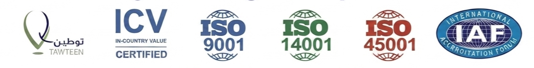 ELCO Engineering Enterprises accreditation logos — Tawteen, ICV In-Country Value Certified, ISO 9001, ISO 14001, ISO 45001, and IAF International Accreditation Forum