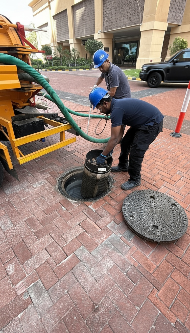 ELCO technicians in EEE blue helmets performing drainage maintenance with vacuum truck at a hotel entrance
