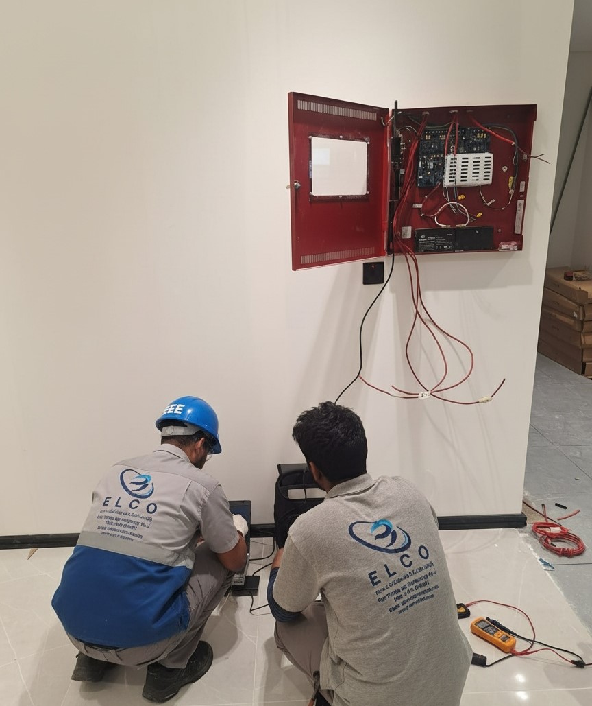 ELCO technicians in branded shirts and EEE helmet installing and wiring a fire alarm control panel