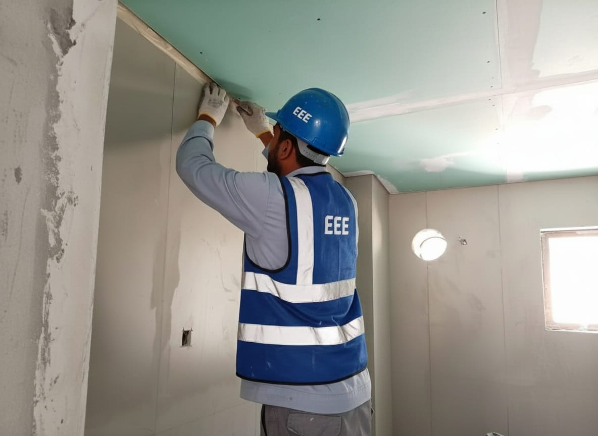 ELCO worker in EEE branded blue vest and helmet installing gypsum board ceiling with moisture-resistant green board