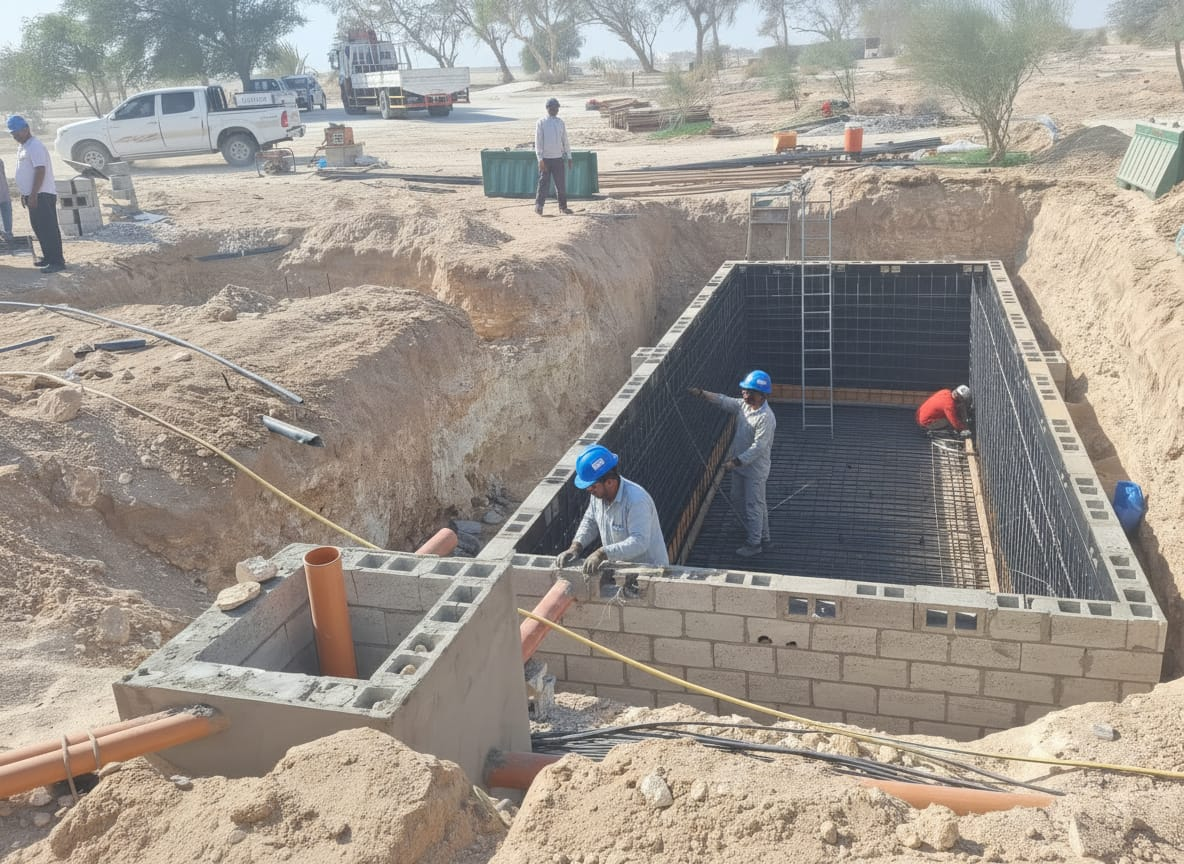 ELCO workers in blue helmets constructing underground concrete water tank with rebar reinforcement and block walls at excavation site