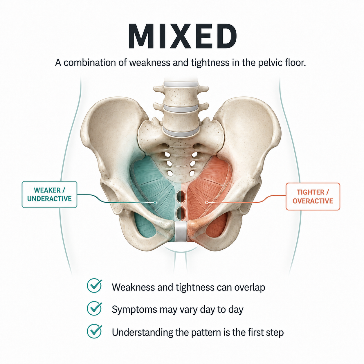 Mixed pelvic floor pattern where weakness and tightness can overlap
