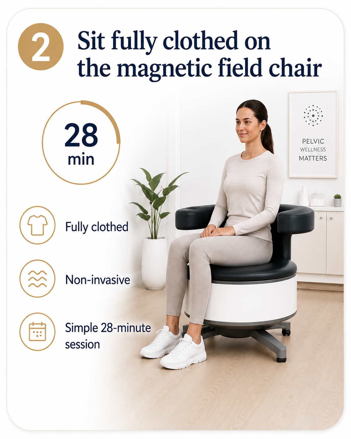 Fully clothed person sitting on the specialist chair for a simple non-invasive pelvic floor training session