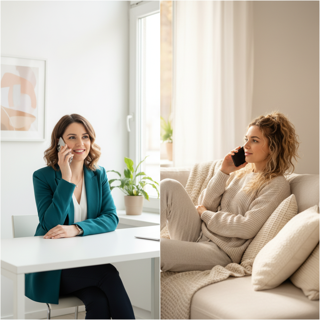 Split view of a practitioner at the clinic and a client at home having a friendly phone conversation about suitability