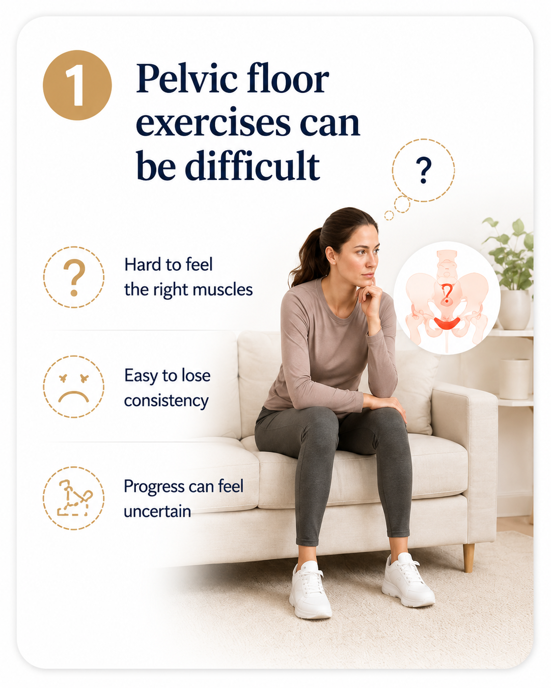 Pelvic floor exercises can be difficult, including difficulty feeling the right muscles and uncertain progress