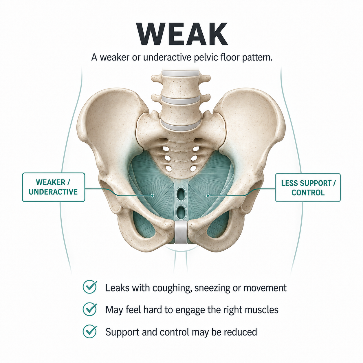 Weak pelvic floor pattern with leaks during coughing sneezing or movement and difficulty engaging the right muscles