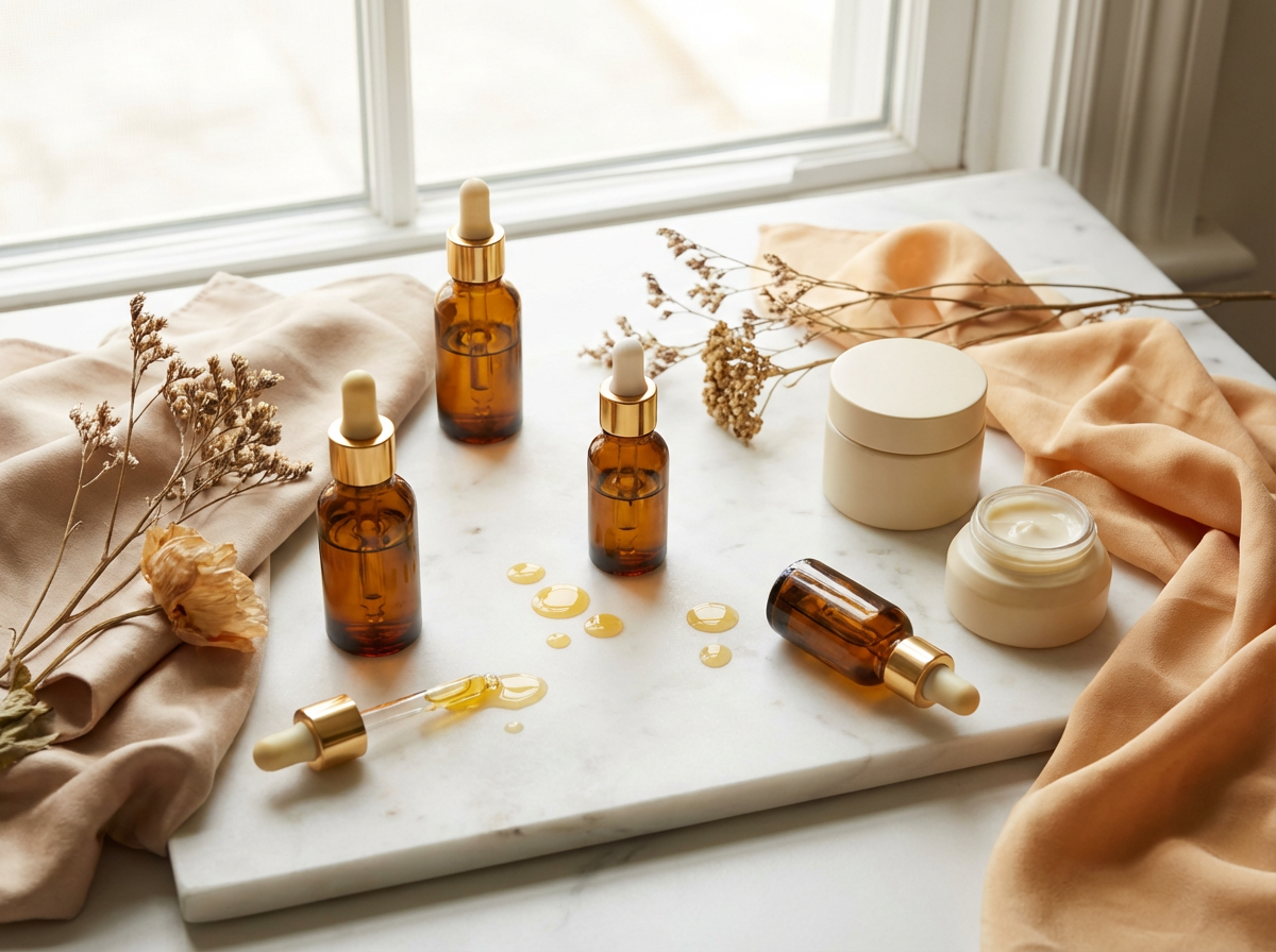 Luxury vitamin A skincare serums and products on marble surface