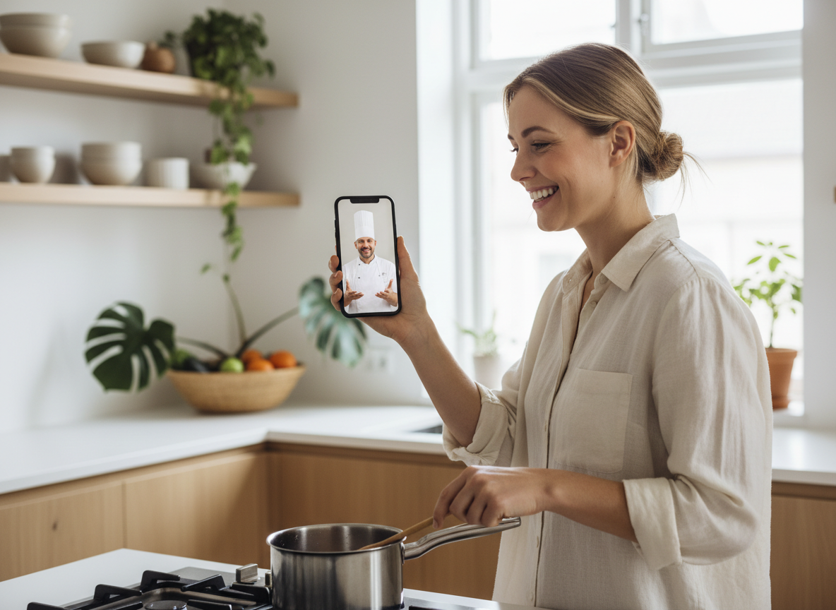 Woman in a modern kitchen on a video call with her personal UCON Masterchef avatar