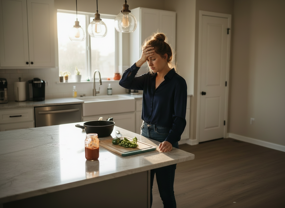 Stressed mother in kitchen