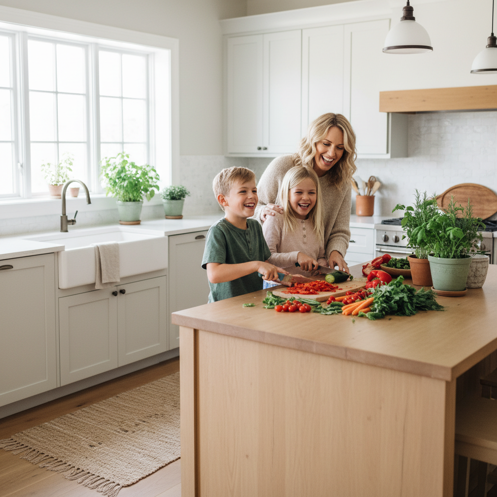 Happy family cooking together in a modern kitchen
