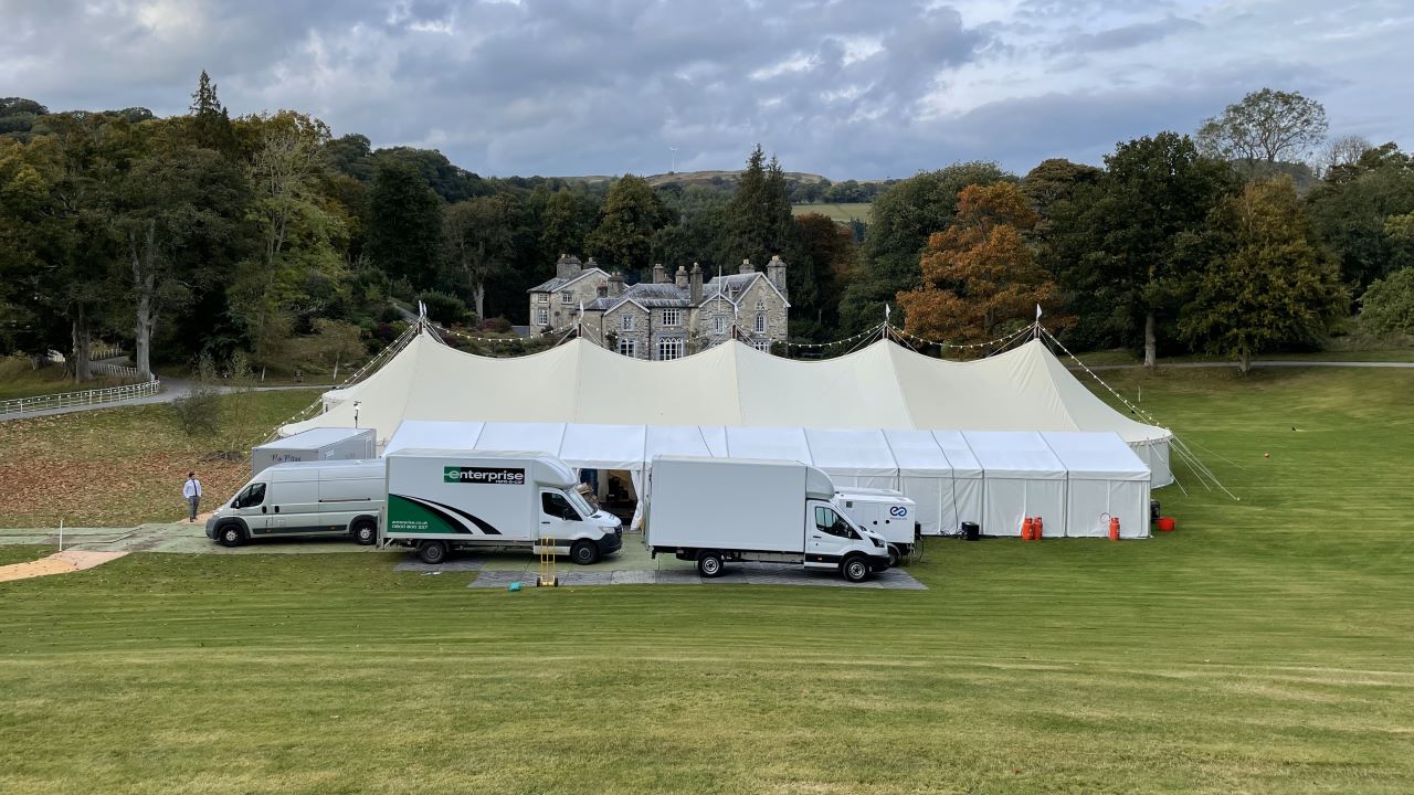 Catering tent connected to sailcloth marquee at Crogen Estate