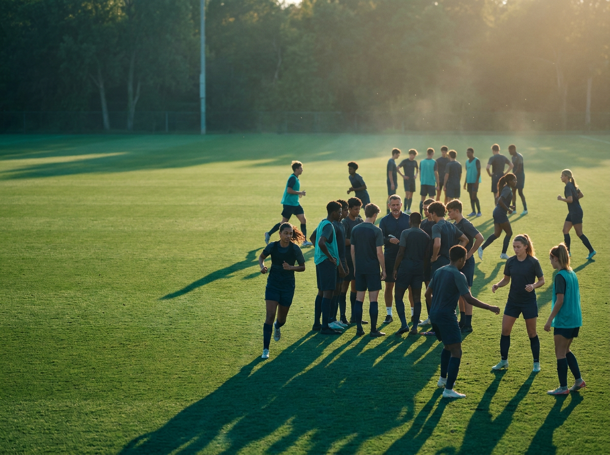 Women and men soccer players training together on a field