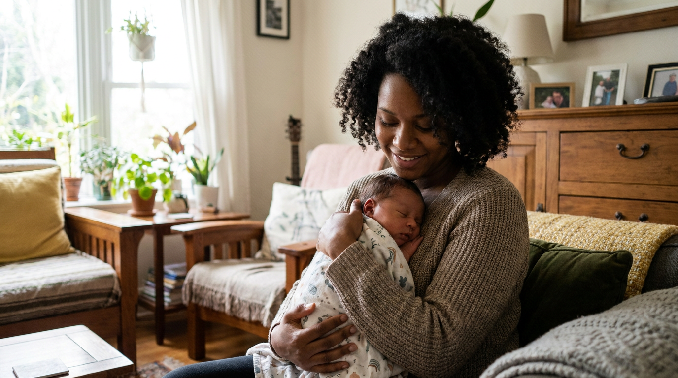 Young mother bonding with her newborn at an MGM Foundation community session