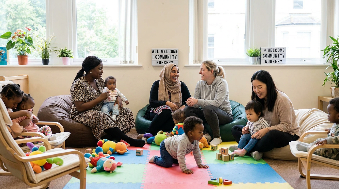 Diverse and inclusive group of young mothers with their babies and toddlers at MGM Foundation nursery