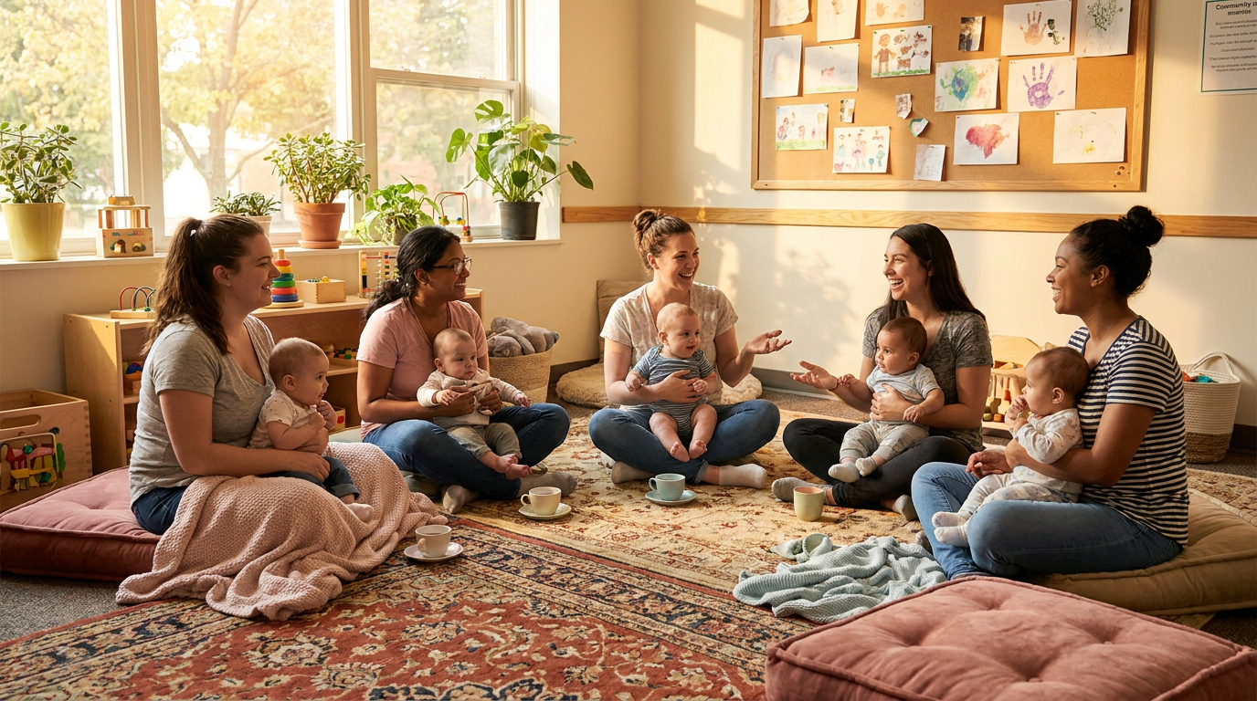 Group of young mothers and babies at an MGM Foundation community baby and toddler group