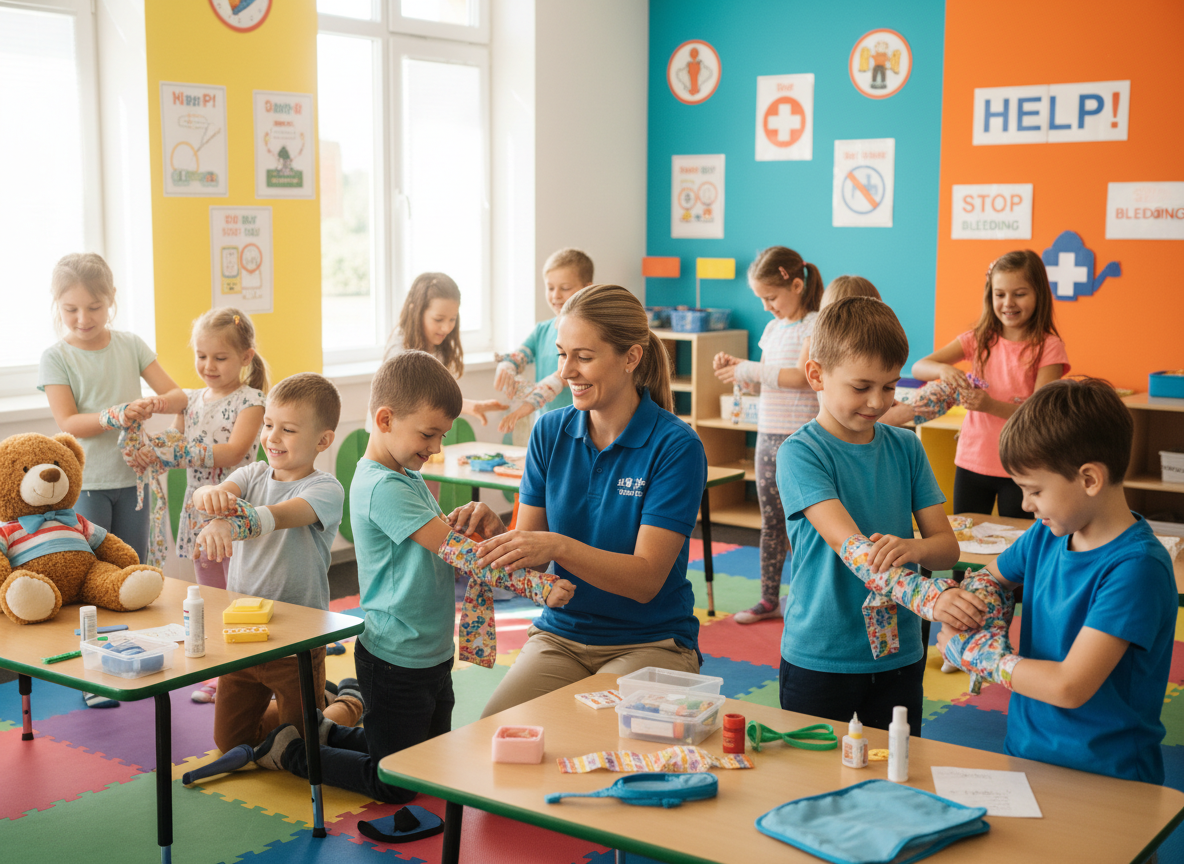 Children learning first aid skills in a fun, engaging classroom