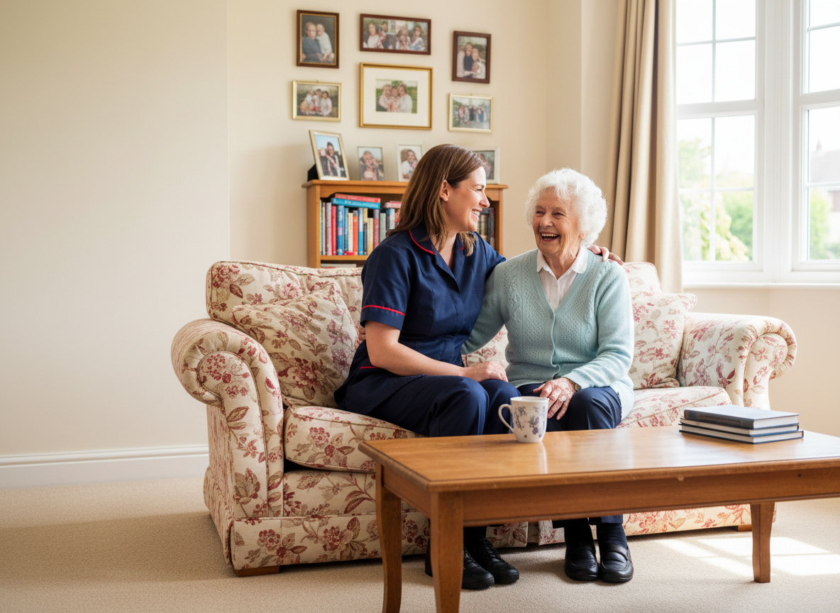 MoralCare home carer in navy uniform with red trim sharing a warm moment with an elderly client in a bright living room