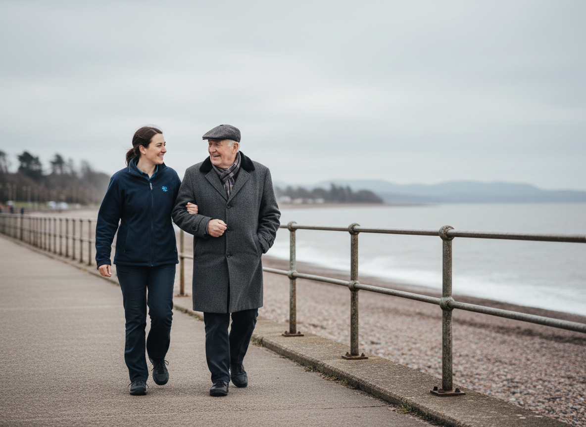MoralCare carer walking arm-in-arm with an elderly gentleman along Morecambe promenade