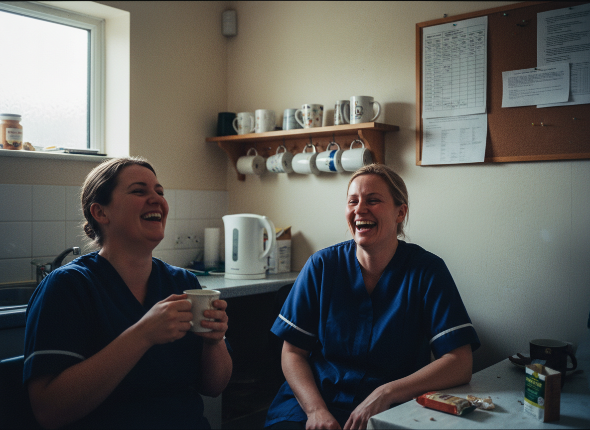 Two MoralCare carers in navy uniforms laughing together during a break