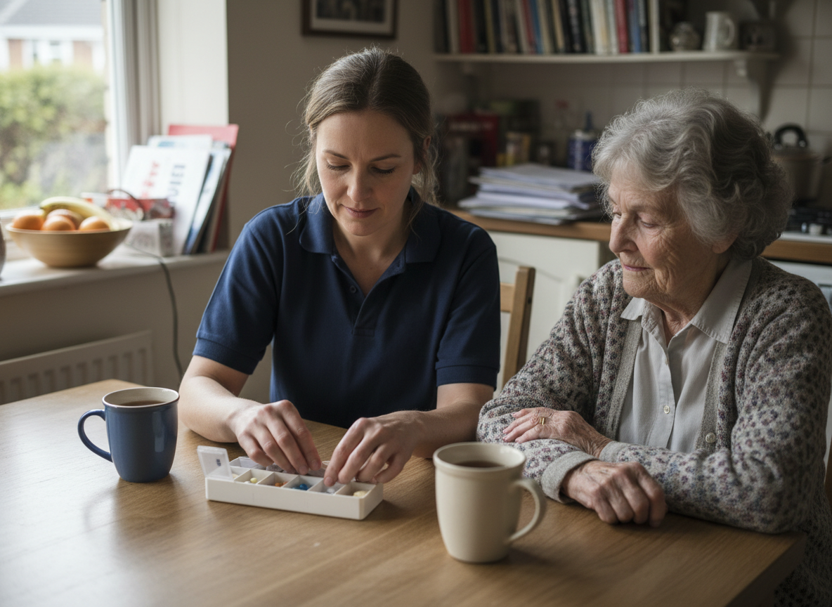 Qualified MoralCare carer sorting medication into a weekly dosette box