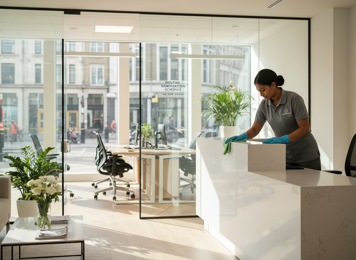 Professional cleaner maintaining a modern office reception area