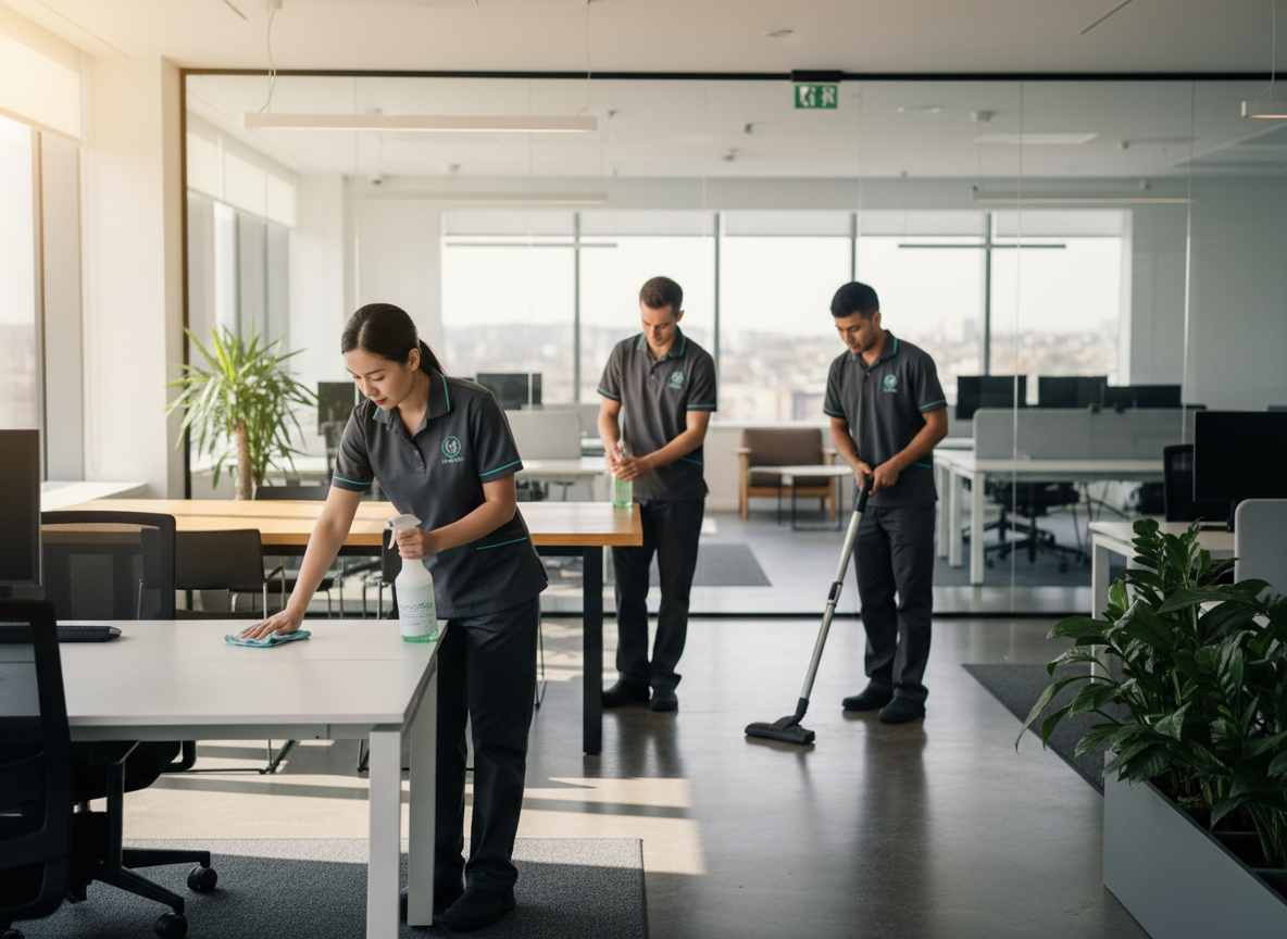 Professional office cleaning team in a modern UK office