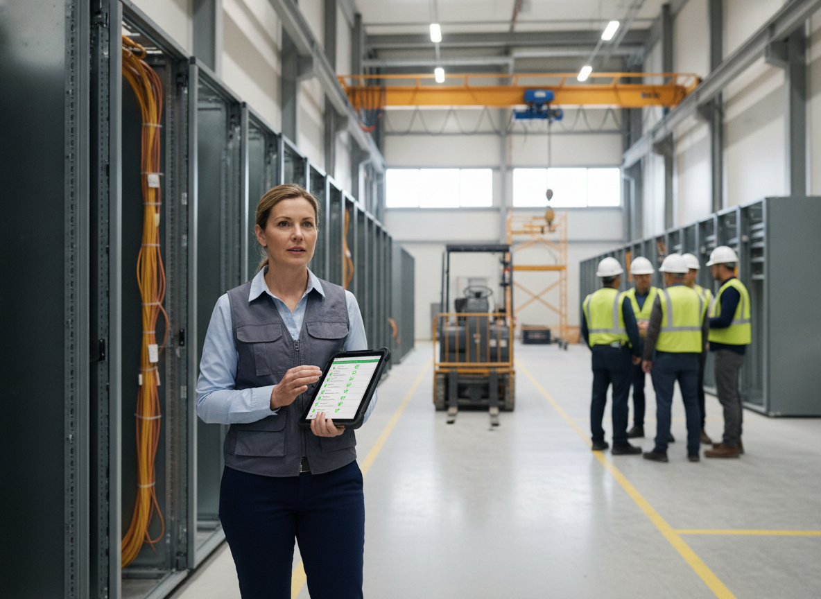 HSE professional conducting safety inspection in a data center facility