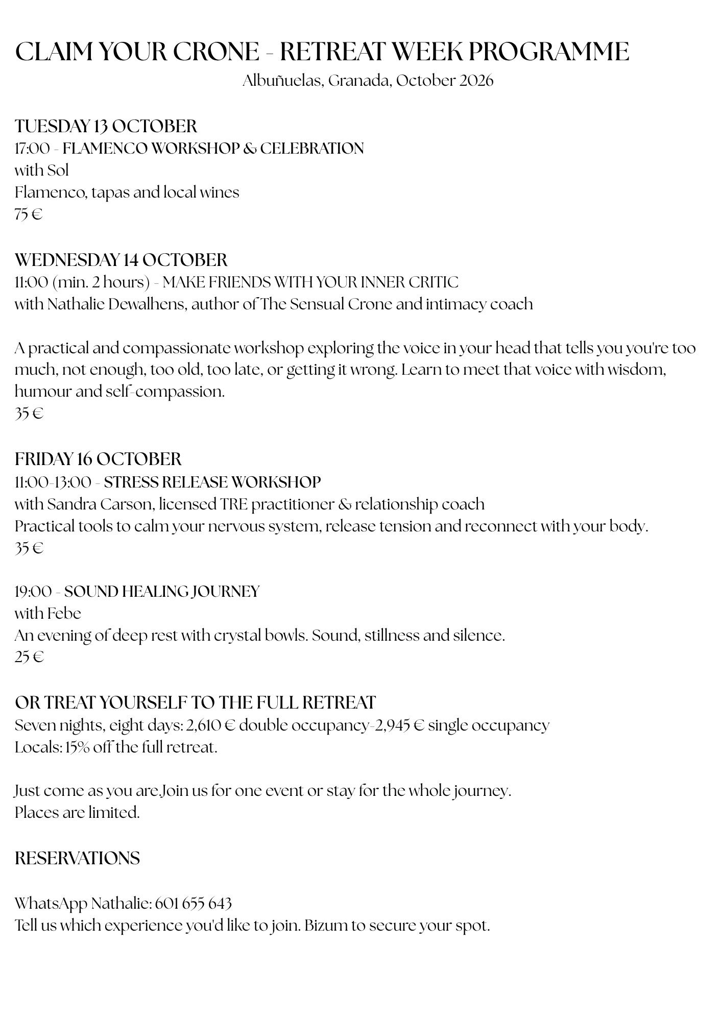 Claim Your Crone — Retreat Week Programme: Flamenco, Inner Critic workshop, Stress Release, Sound Healing, and full retreat details