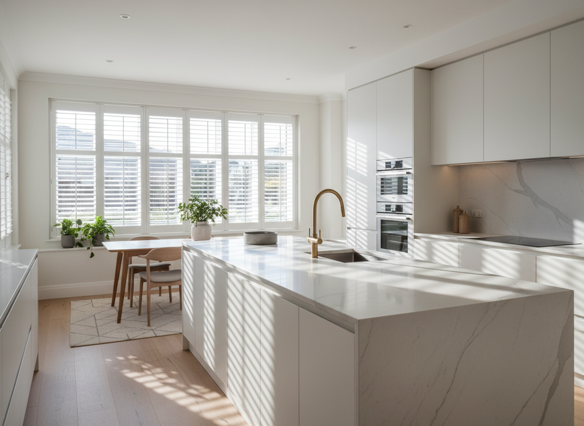 Modern kitchen with white Kingsway Express waterproof composite shutters