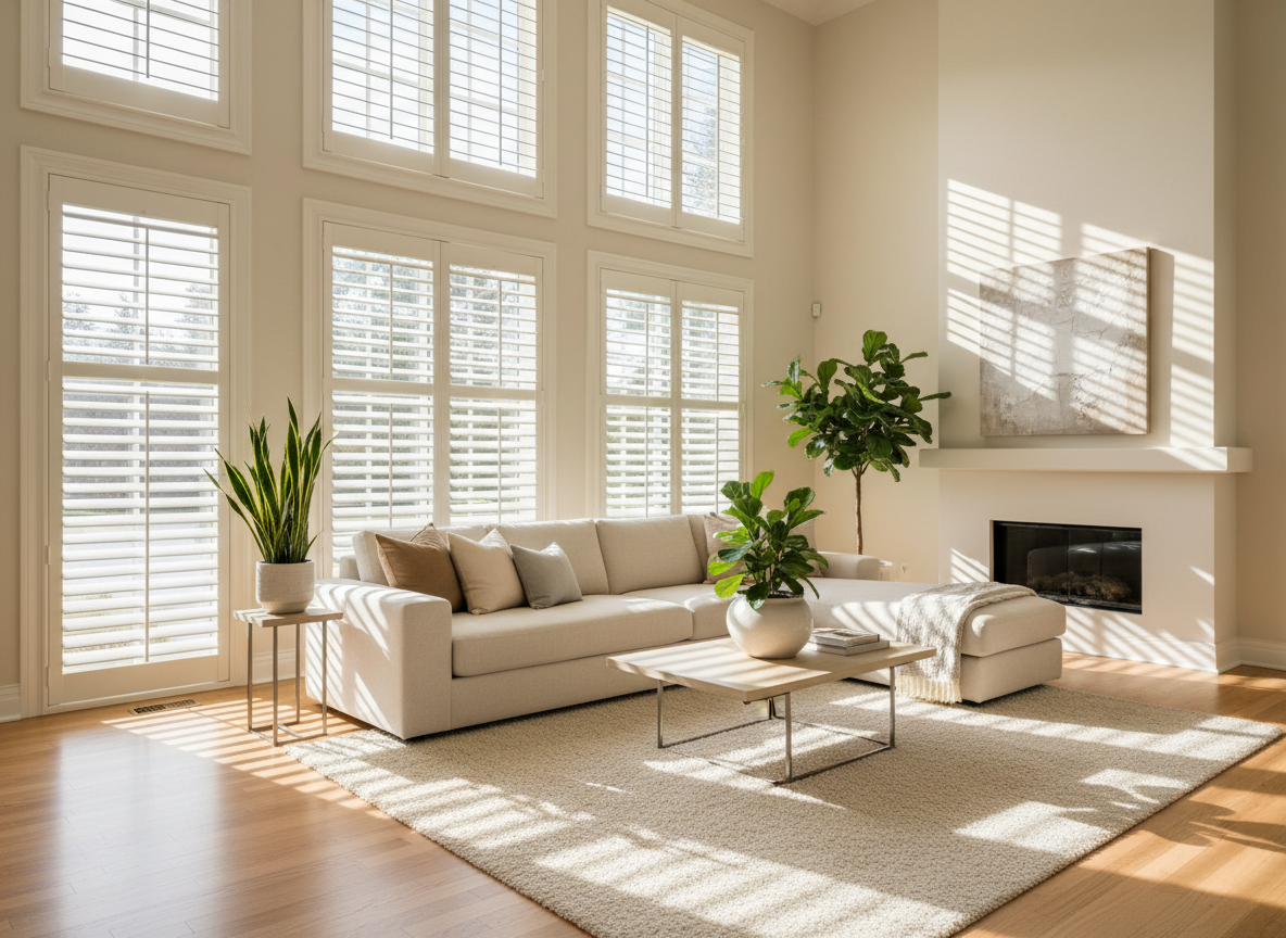 Bright modern living room with white plantation shutters and warm natural sunlight