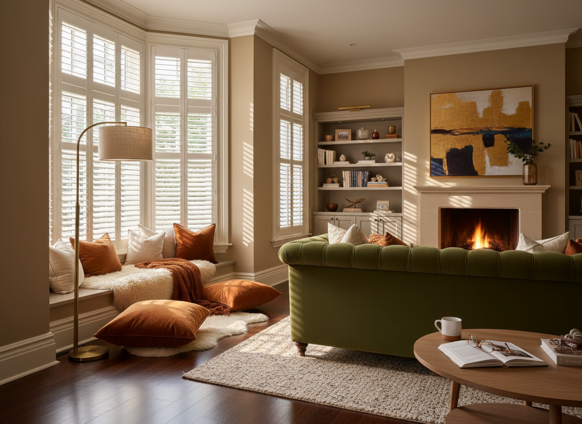 Luxurious living room with bay window shutters and golden afternoon light