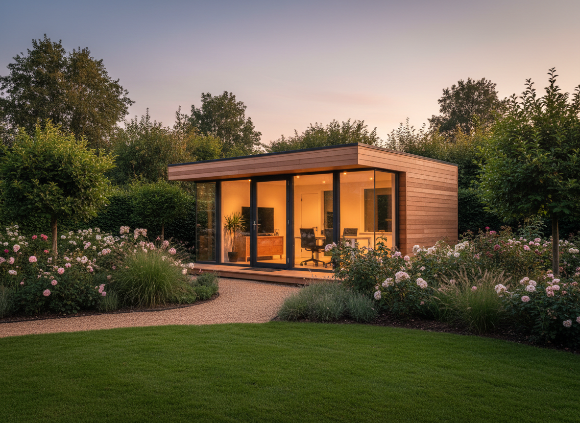 Contemporary garden room with warm lighting at golden hour