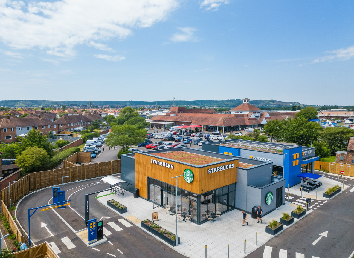 Aerial drone view of Eastbourne Starbucks and Greggs — commercial photography East Sussex
