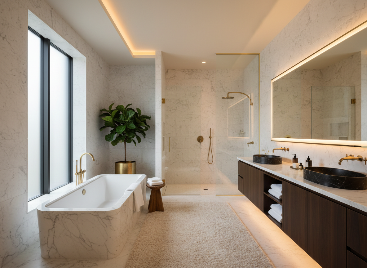 Luxury bathroom interior with freestanding marble bathtub and premium finishes — showcasing the quality of visual content we create for home improvement businesses