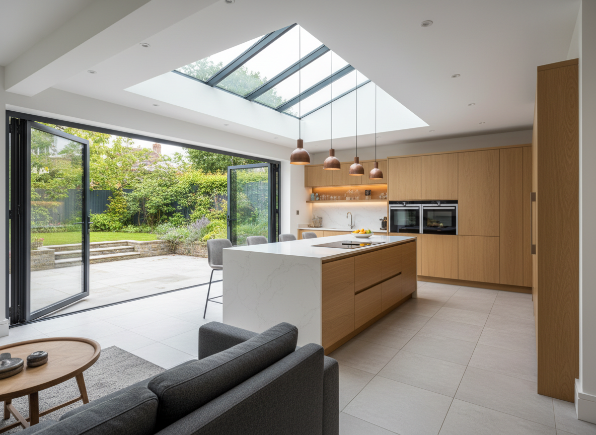 Modern kitchen extension with bi-fold doors opening to garden in Sussex