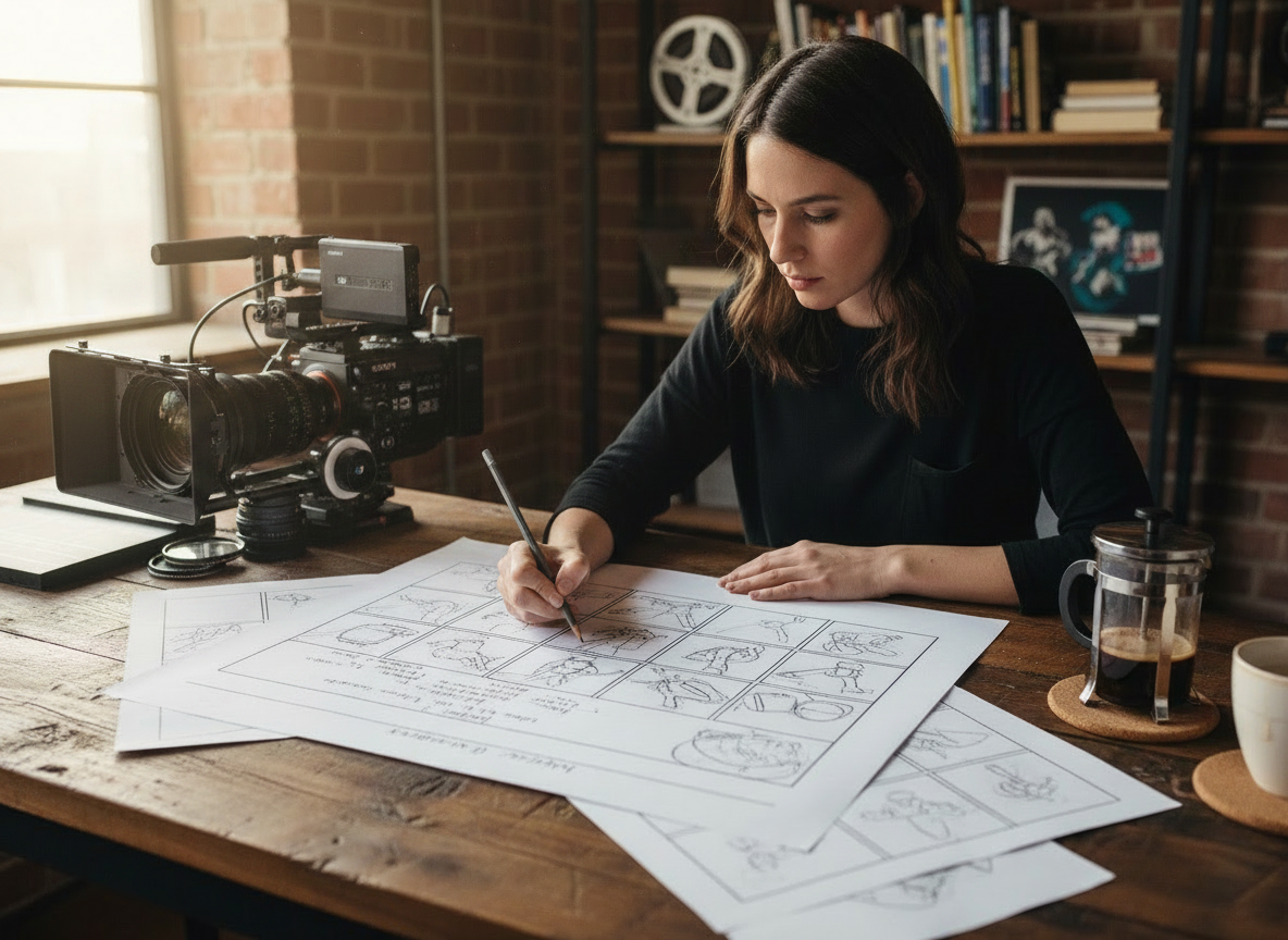 Creative professional sketching a video storyboard with a professional cinema camera nearby