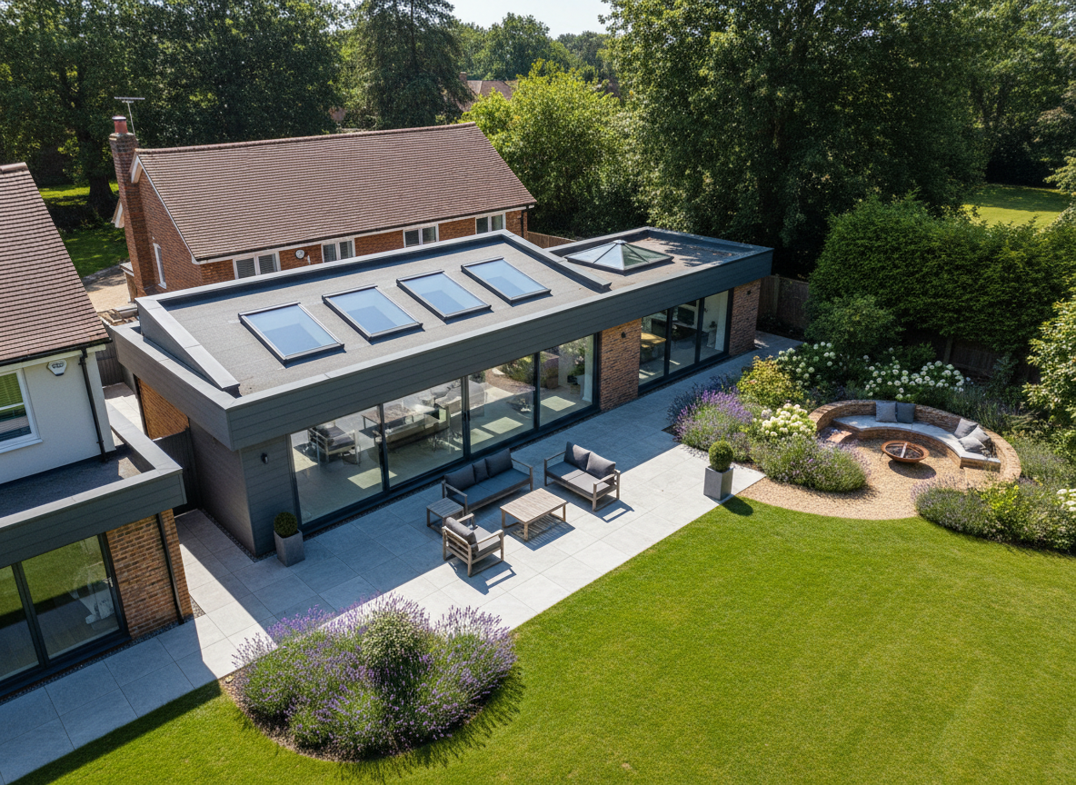 Aerial drone view of a completed rear house extension with skylights