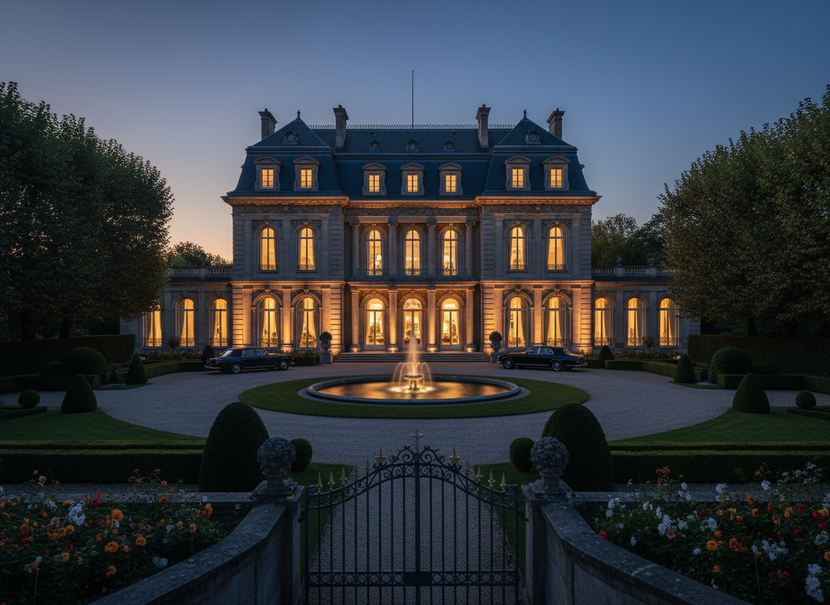 Grand European private mansion at twilight
