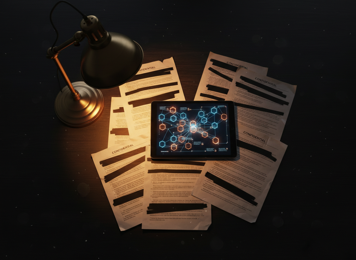 Classified documents on dark table