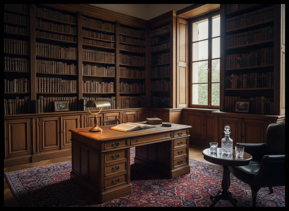 Private library in an old money estate