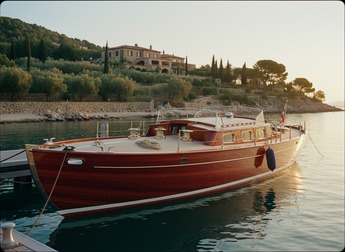 Classic mahogany yacht at private Mediterranean dock