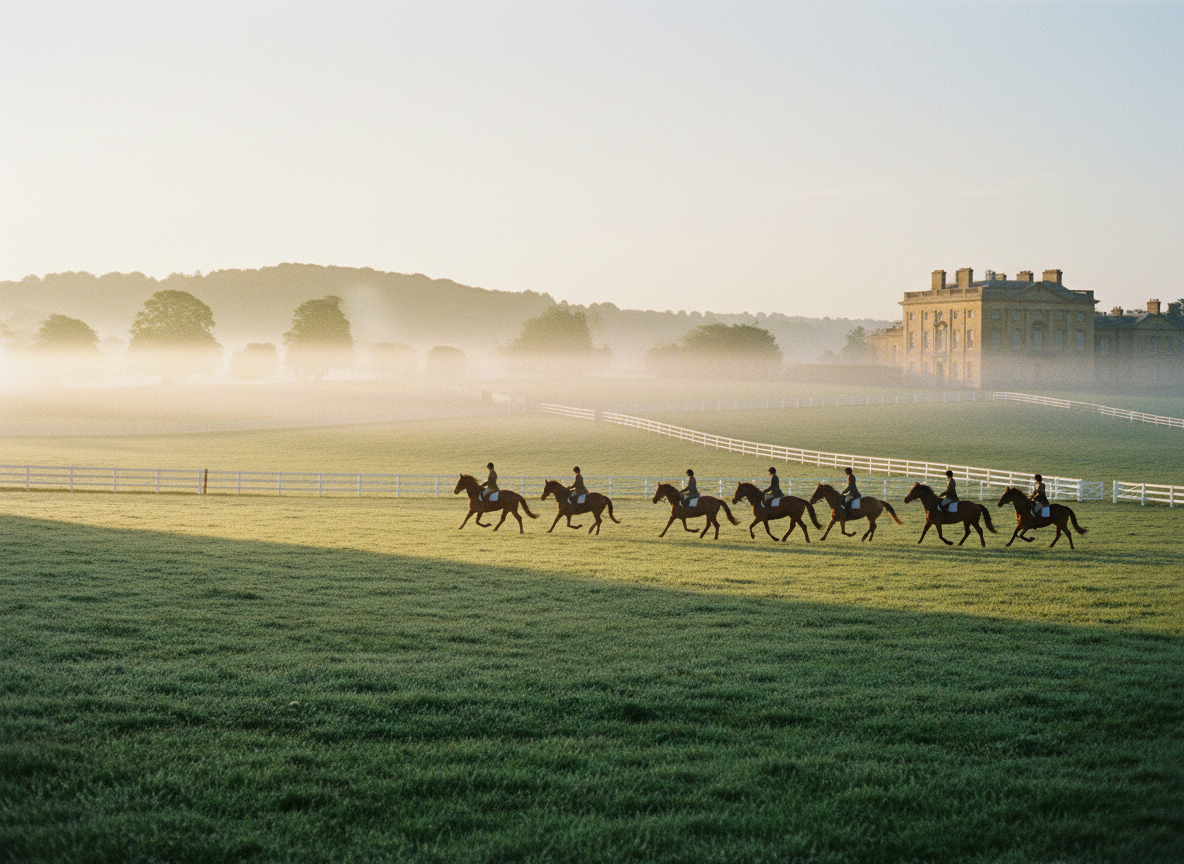 Thoroughbred horses at an English countryside estate at dawn