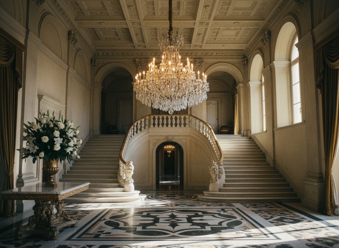 Grand European palazzo foyer with crystal chandelier