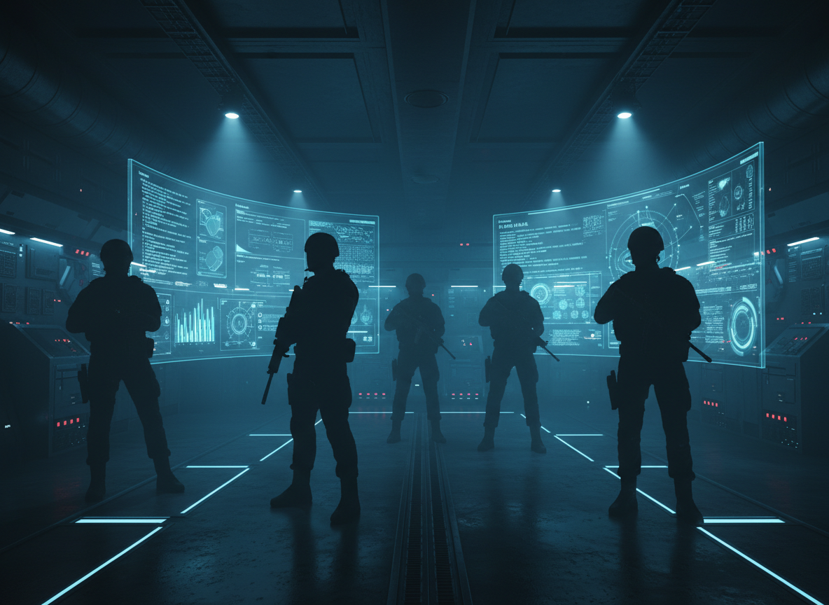 Shadowy operatives in a high-tech command room