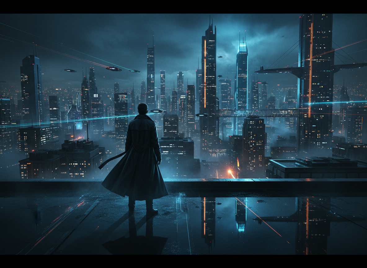 Lone figure overlooking city at night