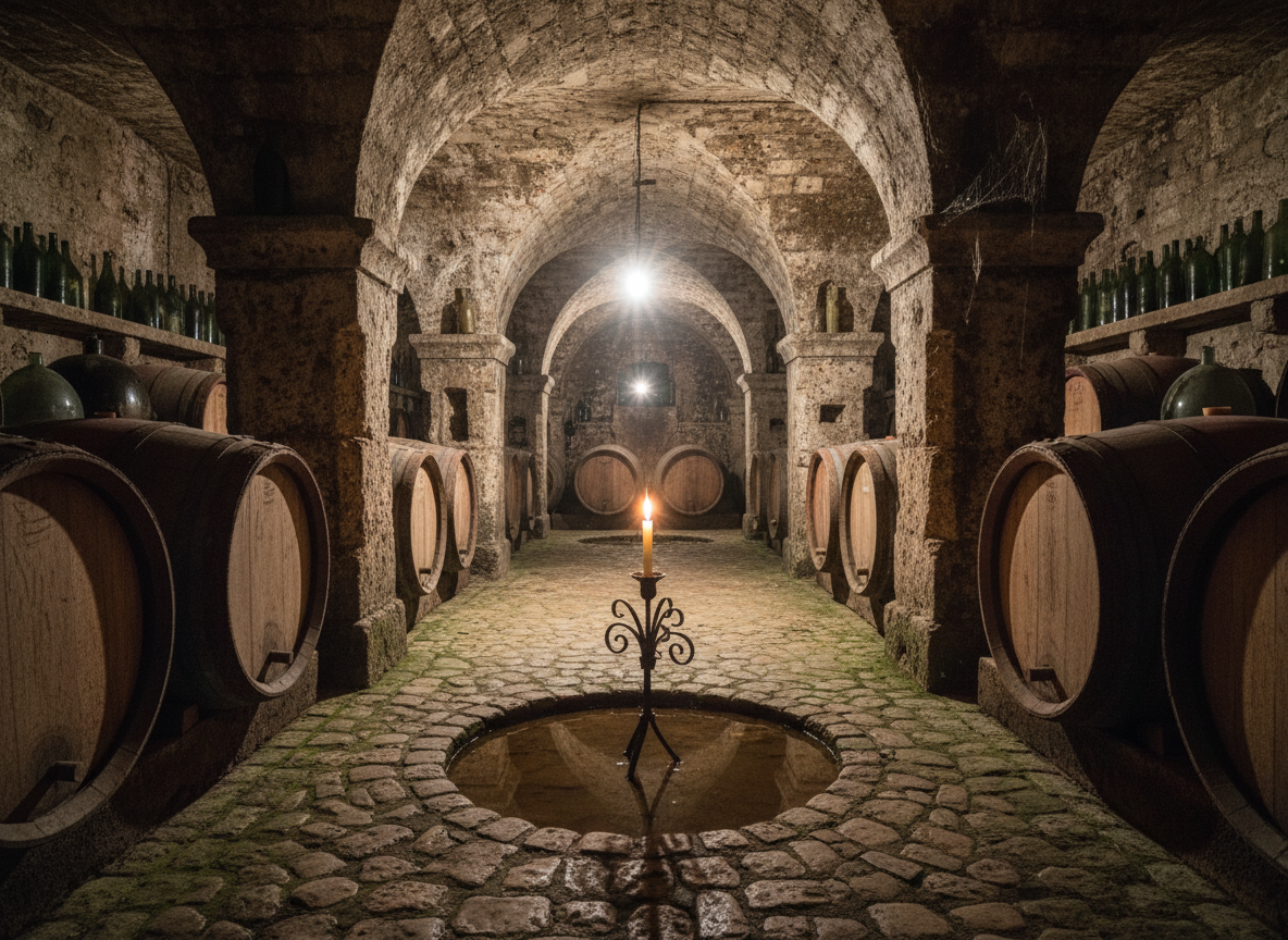 Ancient wine cellar beneath a European chateau