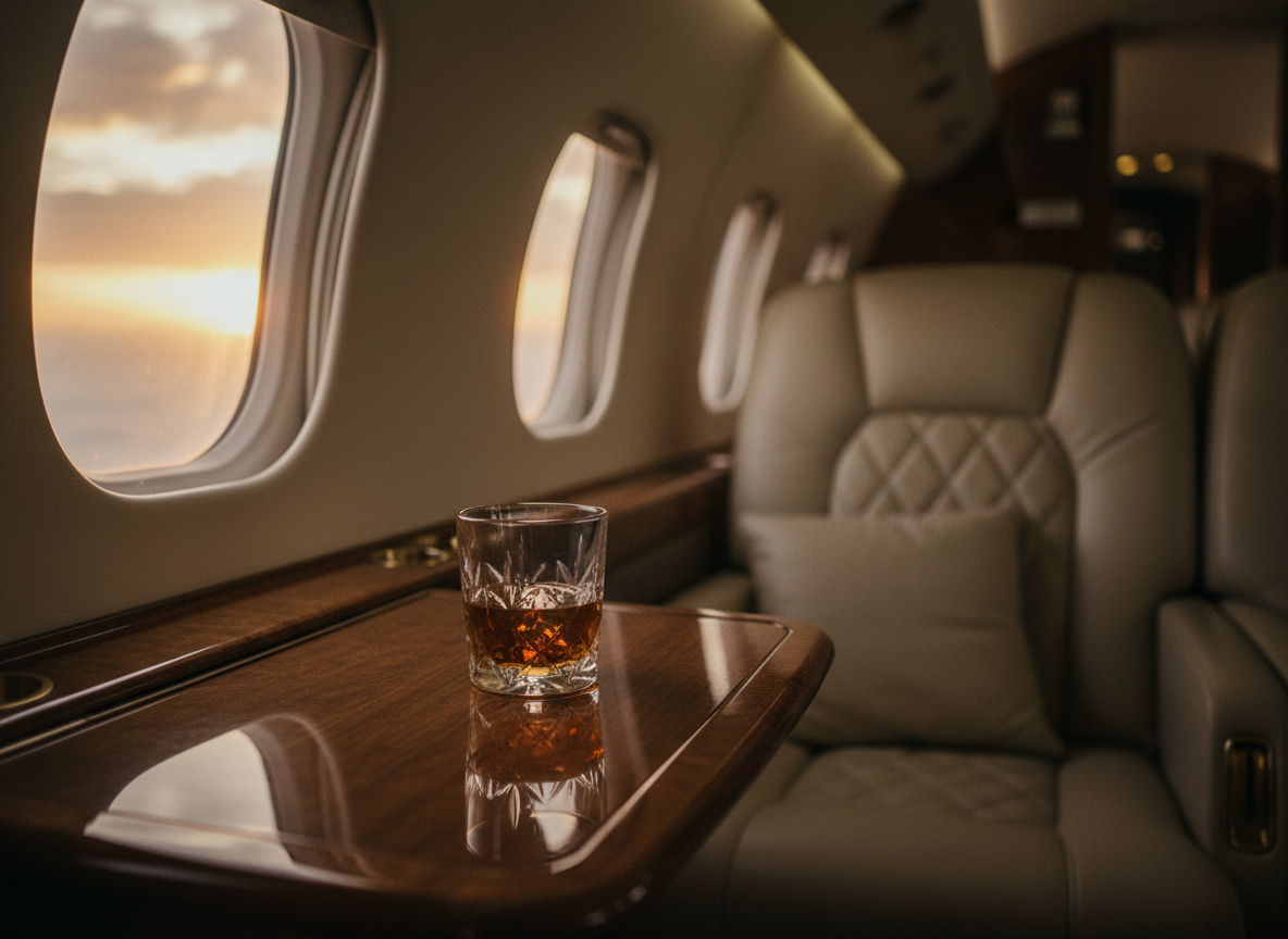 Private jet interior with warm golden tones