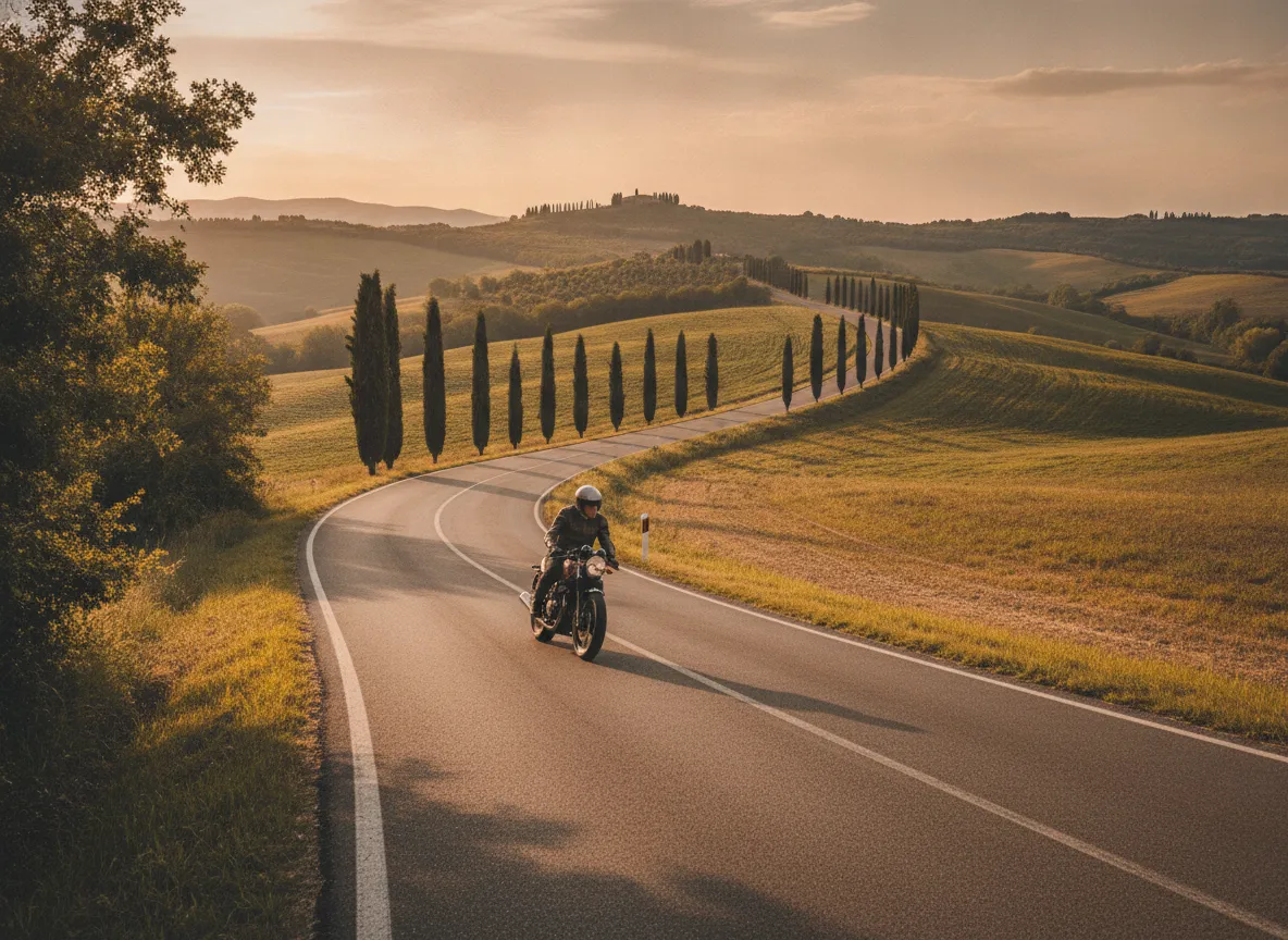 Ride & Joy — Corsi di guida sicura in moto a Grosseto, Toscana Motociclista in curva su strada toscana — corso di guida sicura moto a Grosseto, Maremma