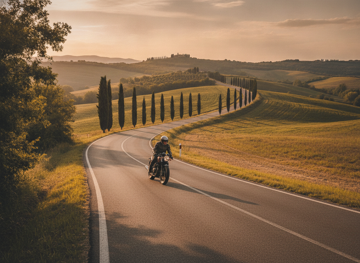 Motociclista su strada toscana al tramonto