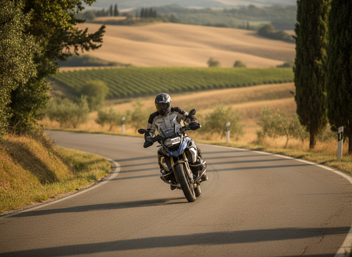Motociclista su strada toscana con tecnica avanzata